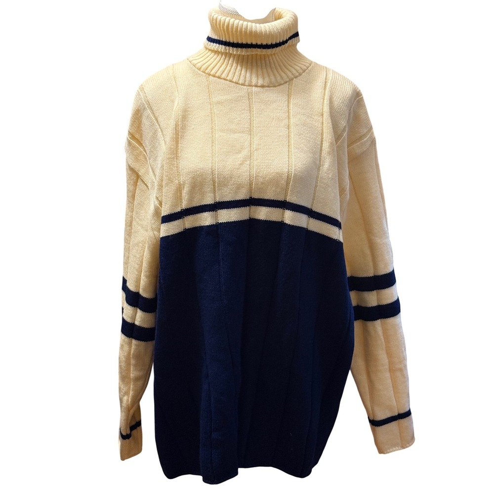 LAVANE New York Mens XXL Cream Navy Striped Turtleneck Sweater‎ Pullover